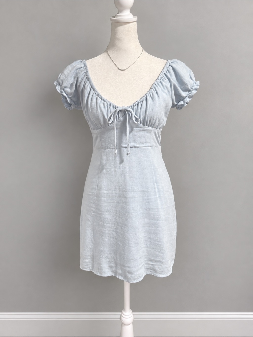 L.A. Hearts XS Blue Linen Blend Puff Sleeve Tie Front Mini Dress Cottagecore